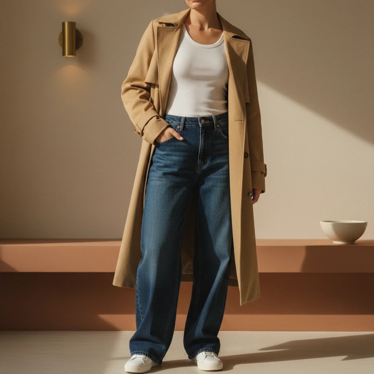 Faceless full-length shot of wide-leg baggy dark-wash jeans with white trainers under an open camel trench coat and ribbed white tank