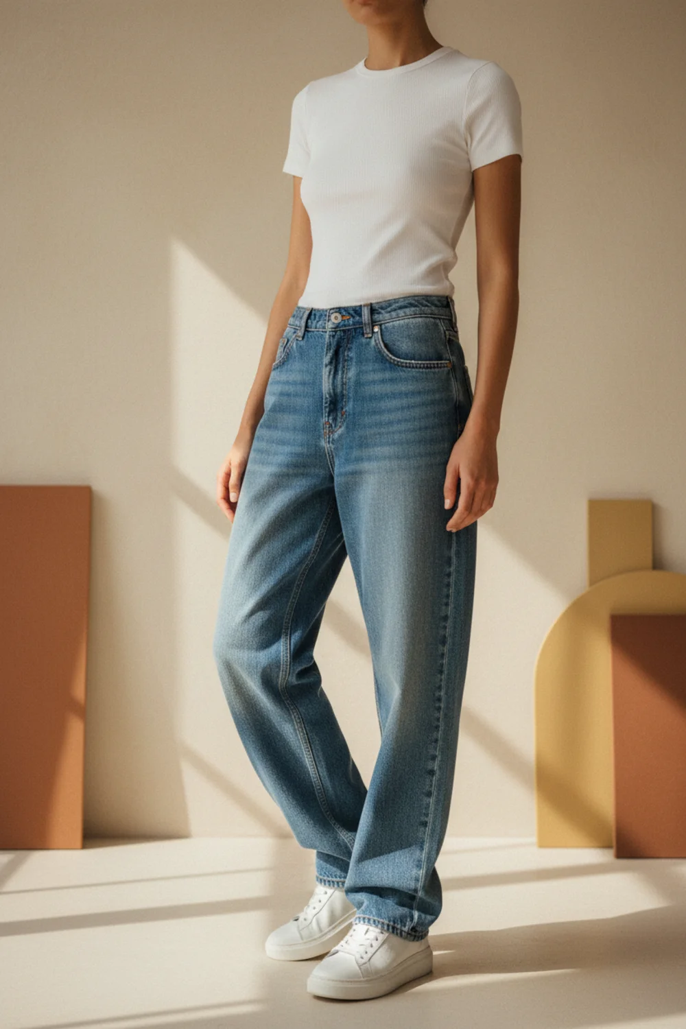 Faceless waist-down shot of baggy mid-wash jeans cuffed above white trainers — a casual street-style look