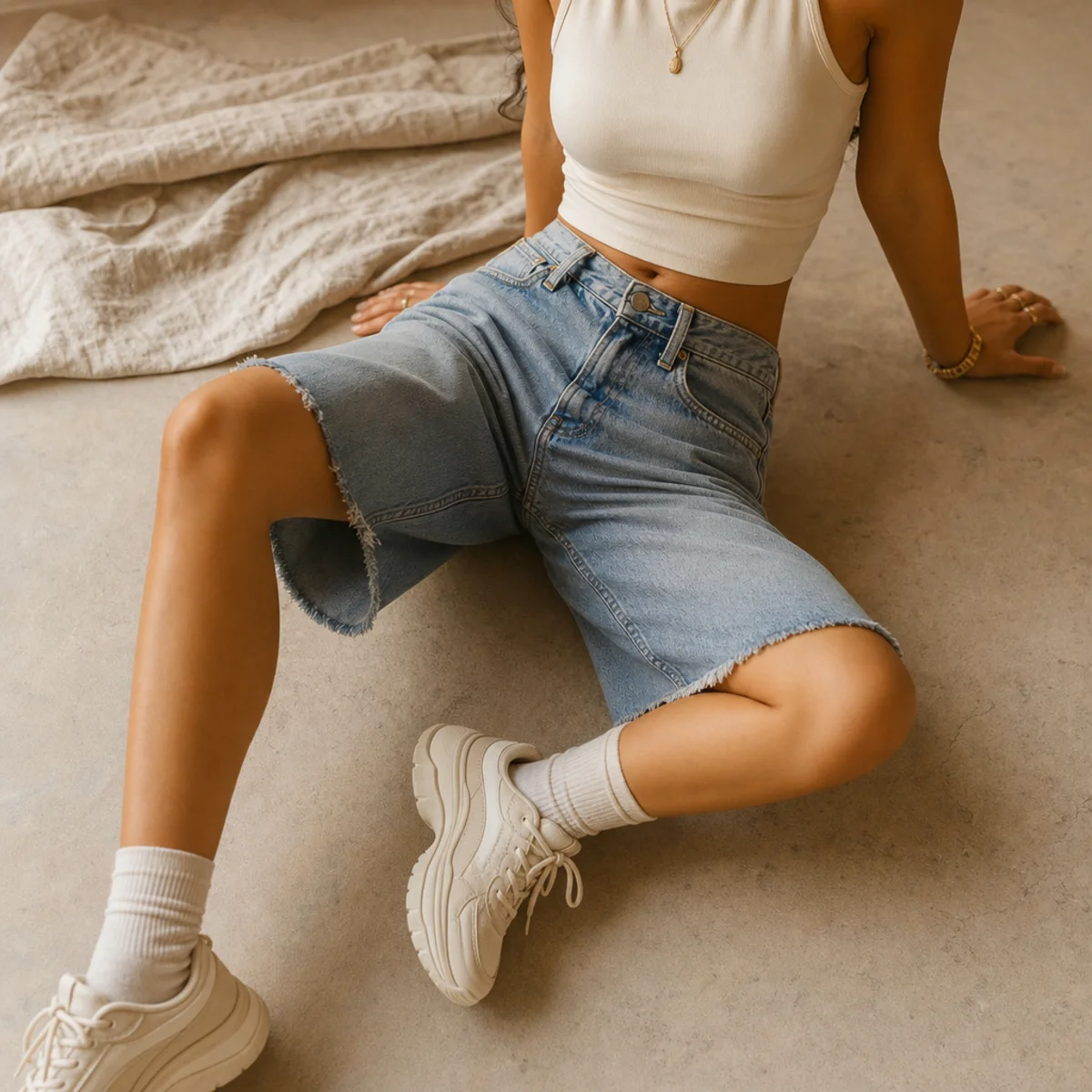 Faceless waist-down shot of baggy denim jorts with a fitted crop top and chunky sneakers