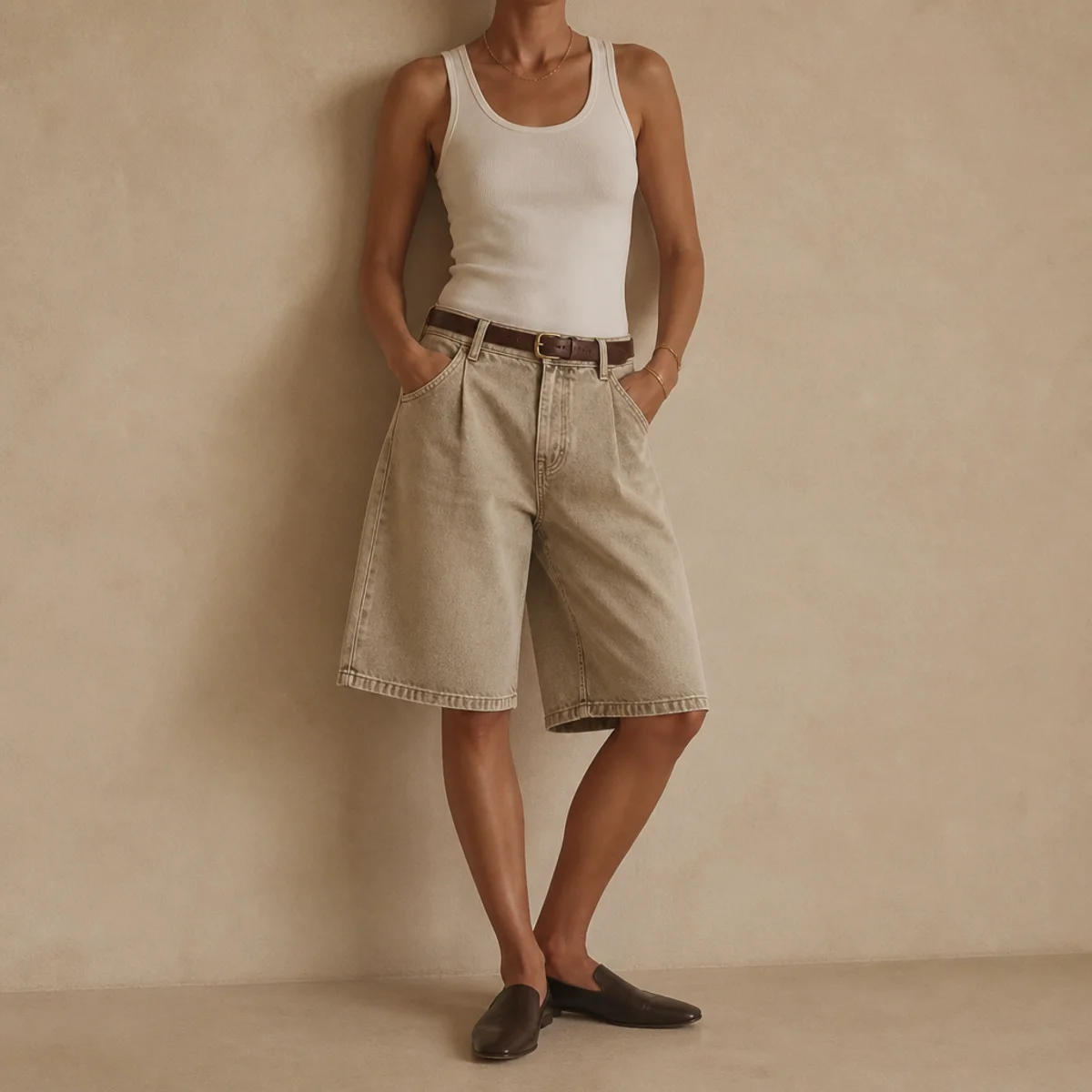 Faceless waist-up shot of a tucked tank with a slim belt over baggy jorts