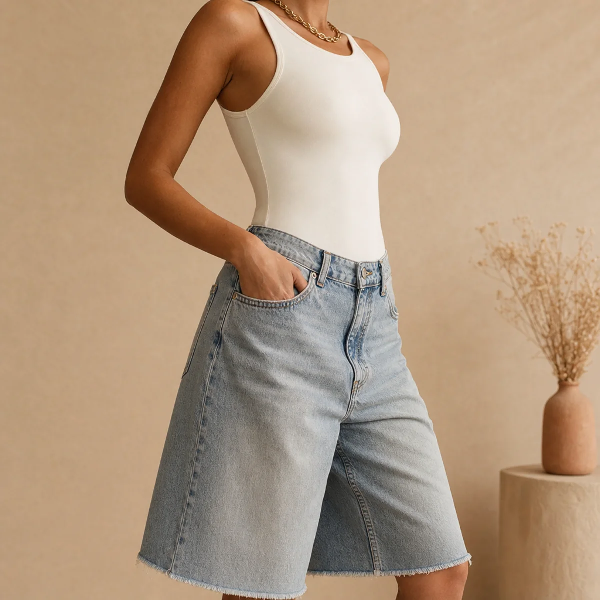 Faceless waist-up shot of a fitted bodysuit with baggy denim jorts