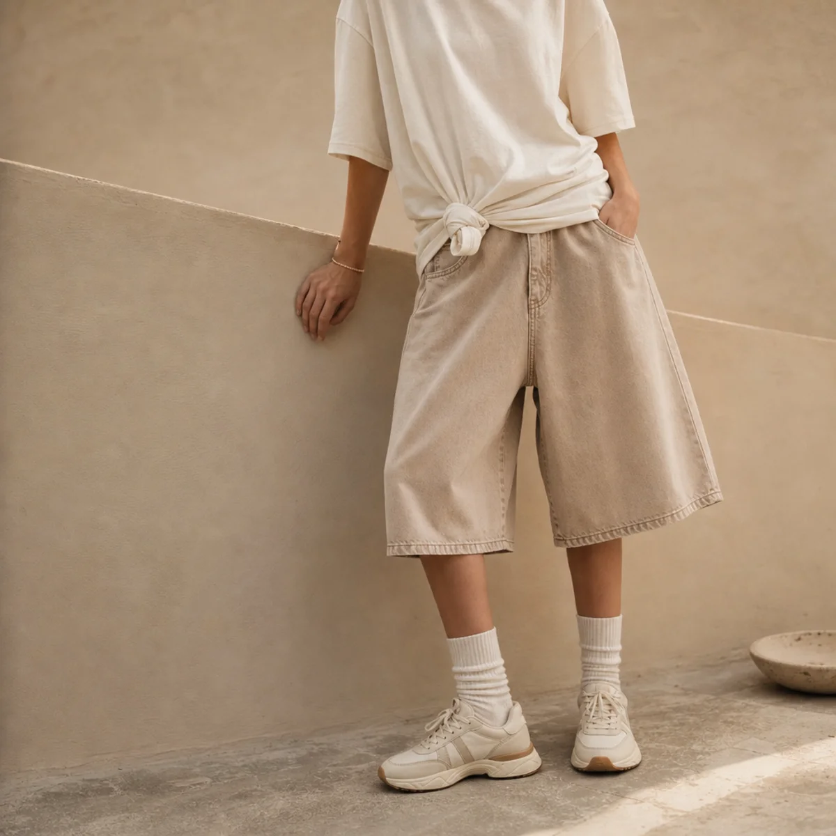 Faceless waist-down shot of baggy jorts with a knotted oversized tee and sneakers