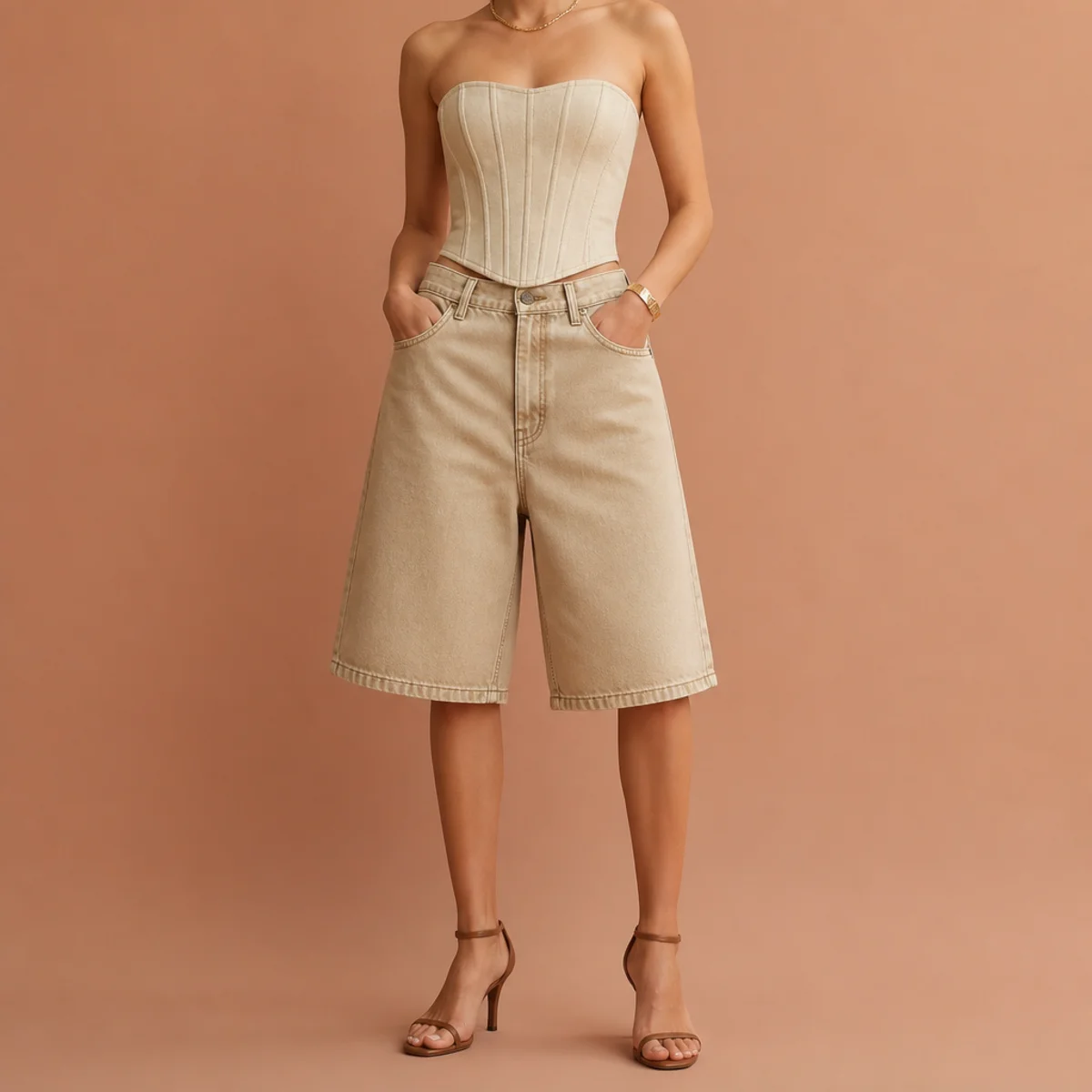Faceless waist-up shot of a structured corset top with baggy jorts and heeled sandals