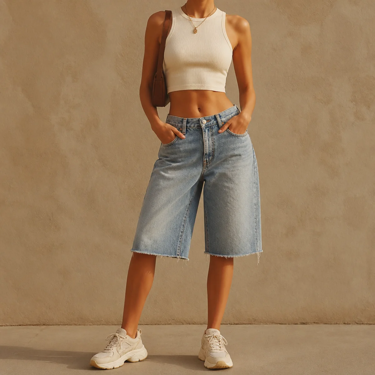 Faceless waist-down editorial shot of baggy denim jorts with a fitted crop top and chunky sneakers
