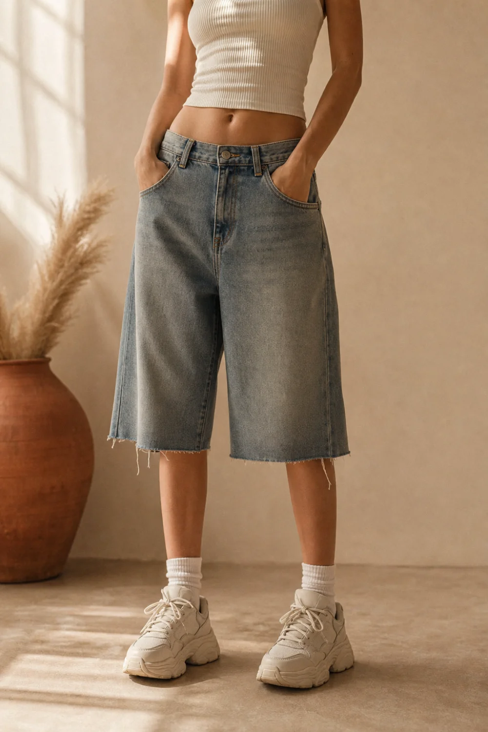 Faceless baggy jorts outfit with a fitted tank and chunky sneakers