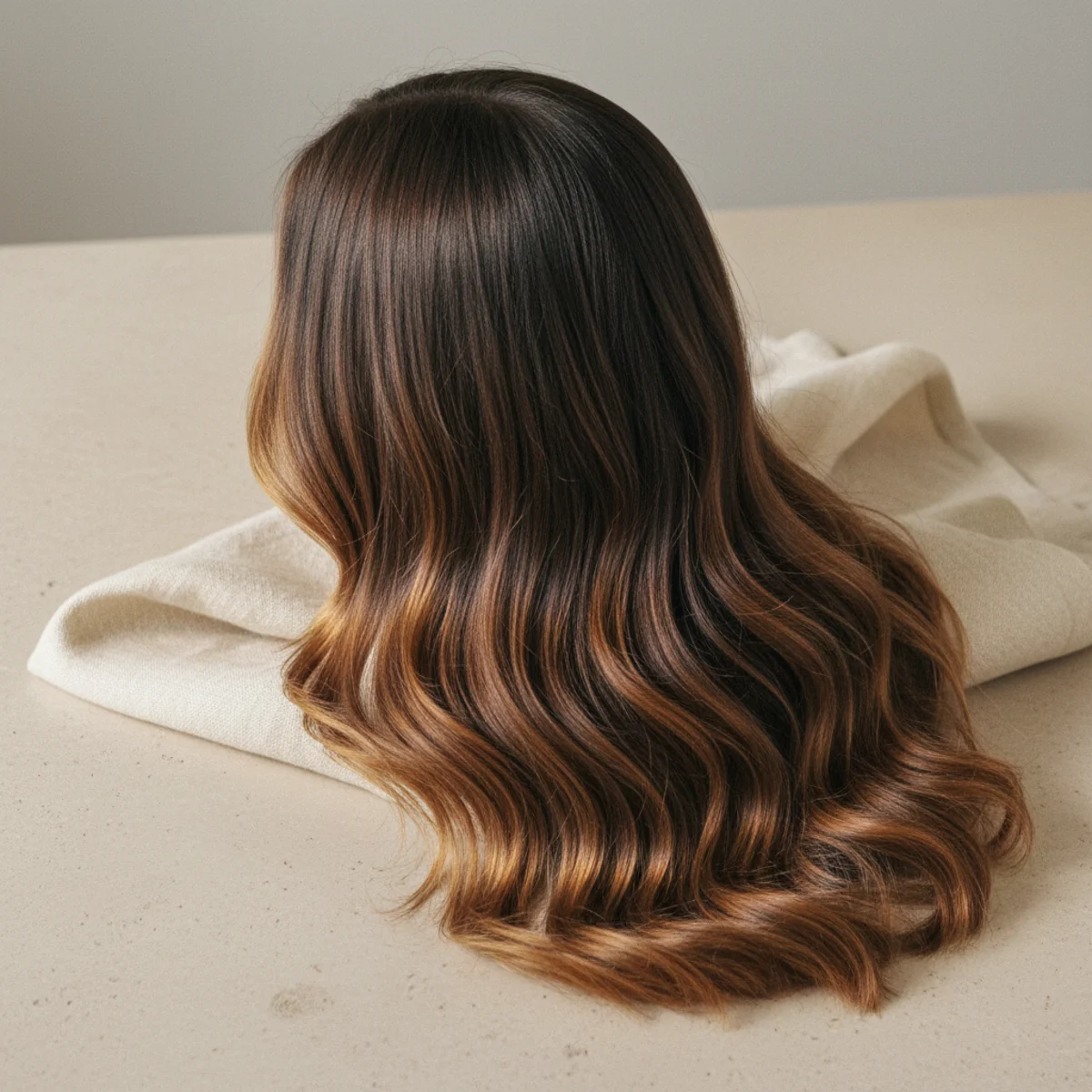 Back view of long dark brown hair with soft caramel balayage melting from mid-length downward