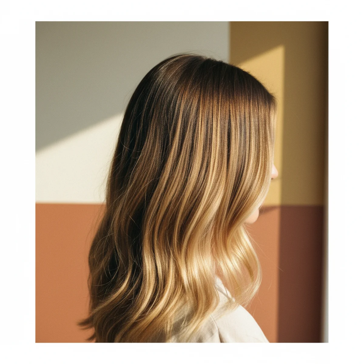 Side view of medium brunette hair with bright honey-blonde balayage at the ends in sunlight