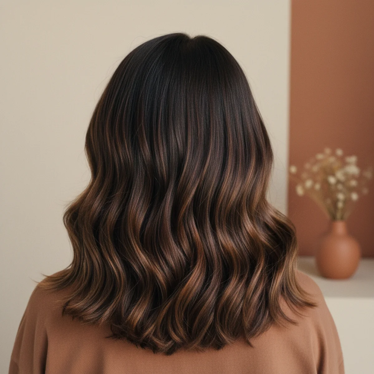 Back view of wavy dark hair with rich bronze and chestnut balayage ribbons