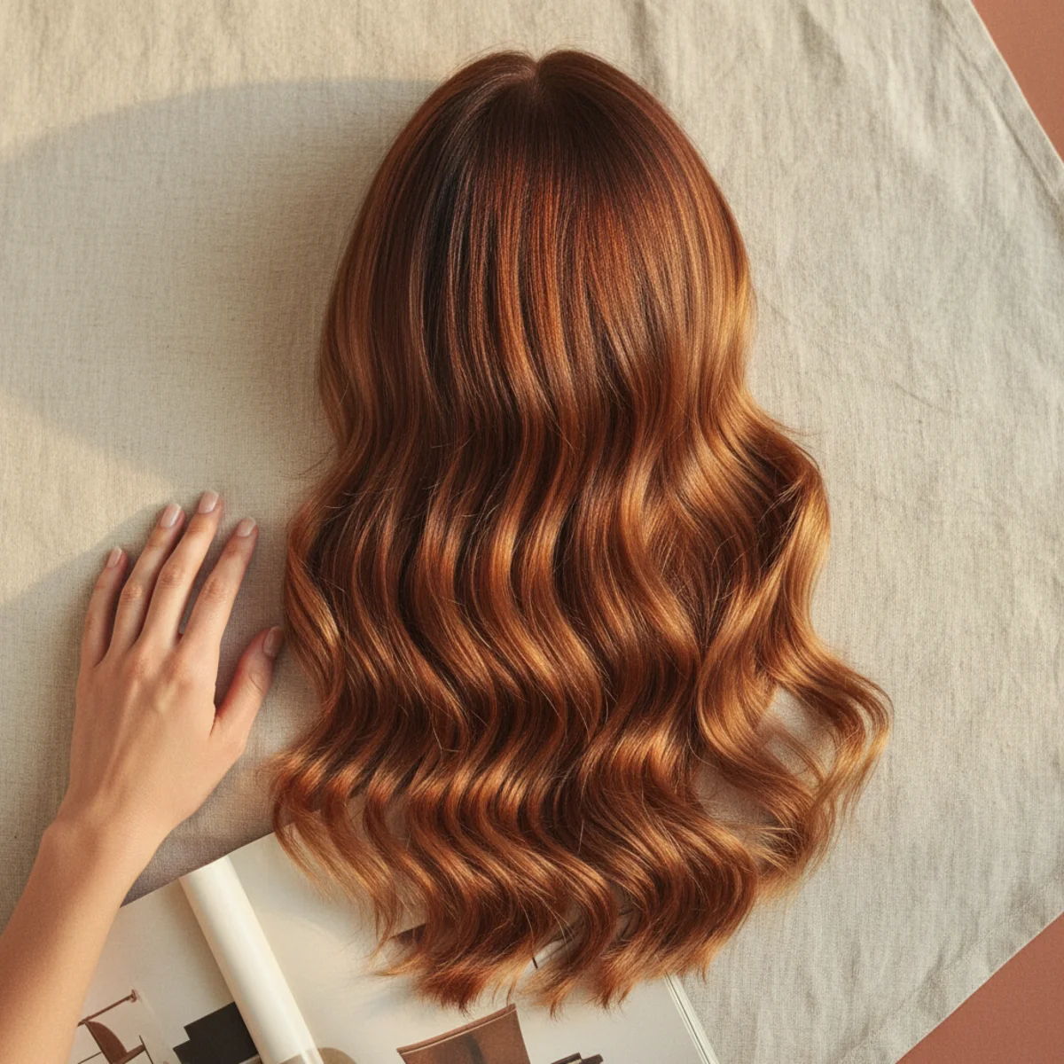 Back view of long hair showing a dark cinnamon root shadow blending into warm amber balayage