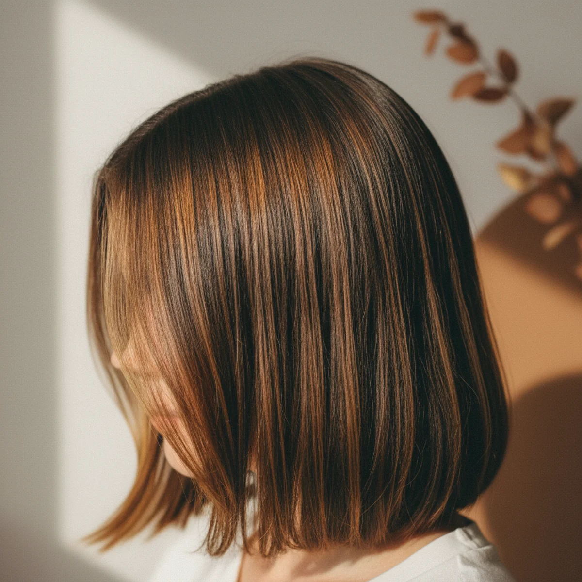 Side view of shoulder-length brunette hair with warm toasted pecan highlights in diffused natural light