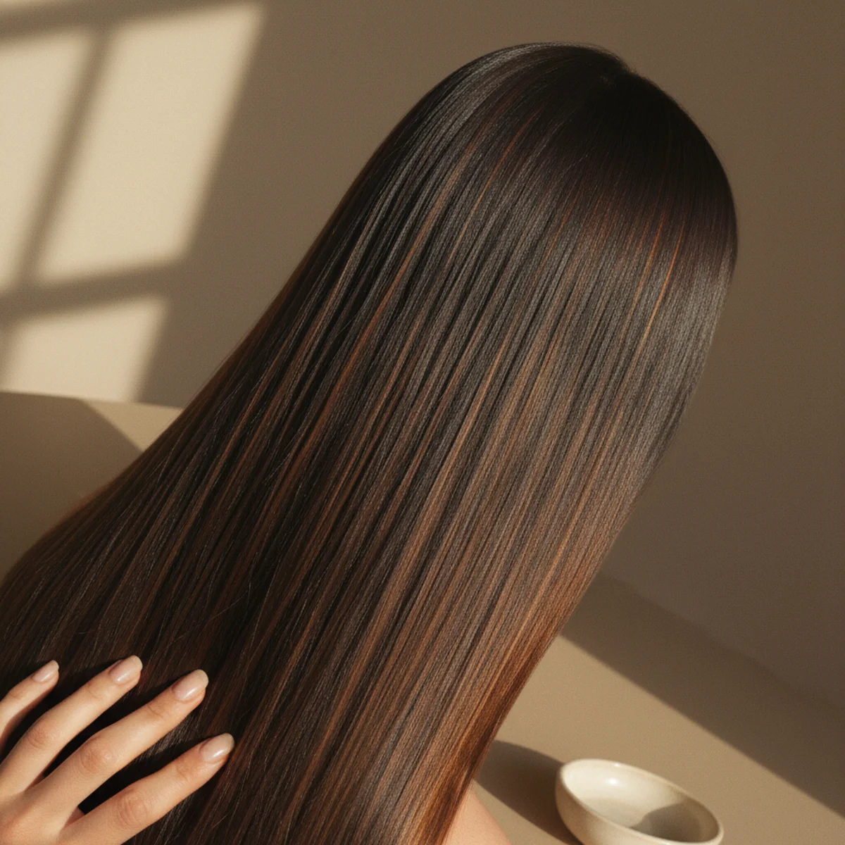 Back view of long straight very dark hair with subtle glossy balayage reflecting in sunlight