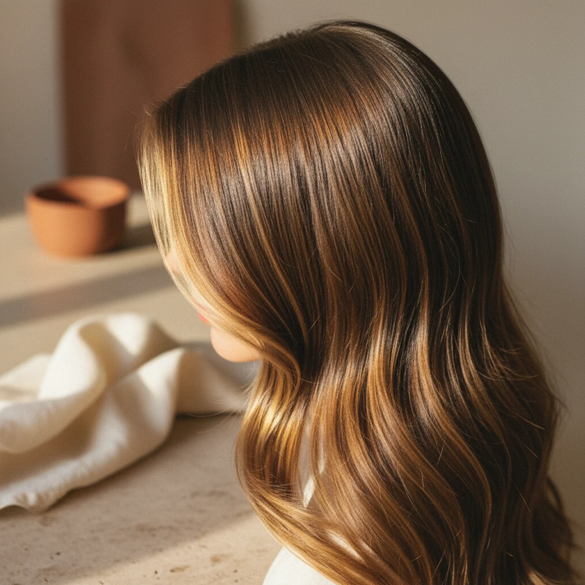 Front-facing side view of brunette hair with bright golden balayage pieces framing the face