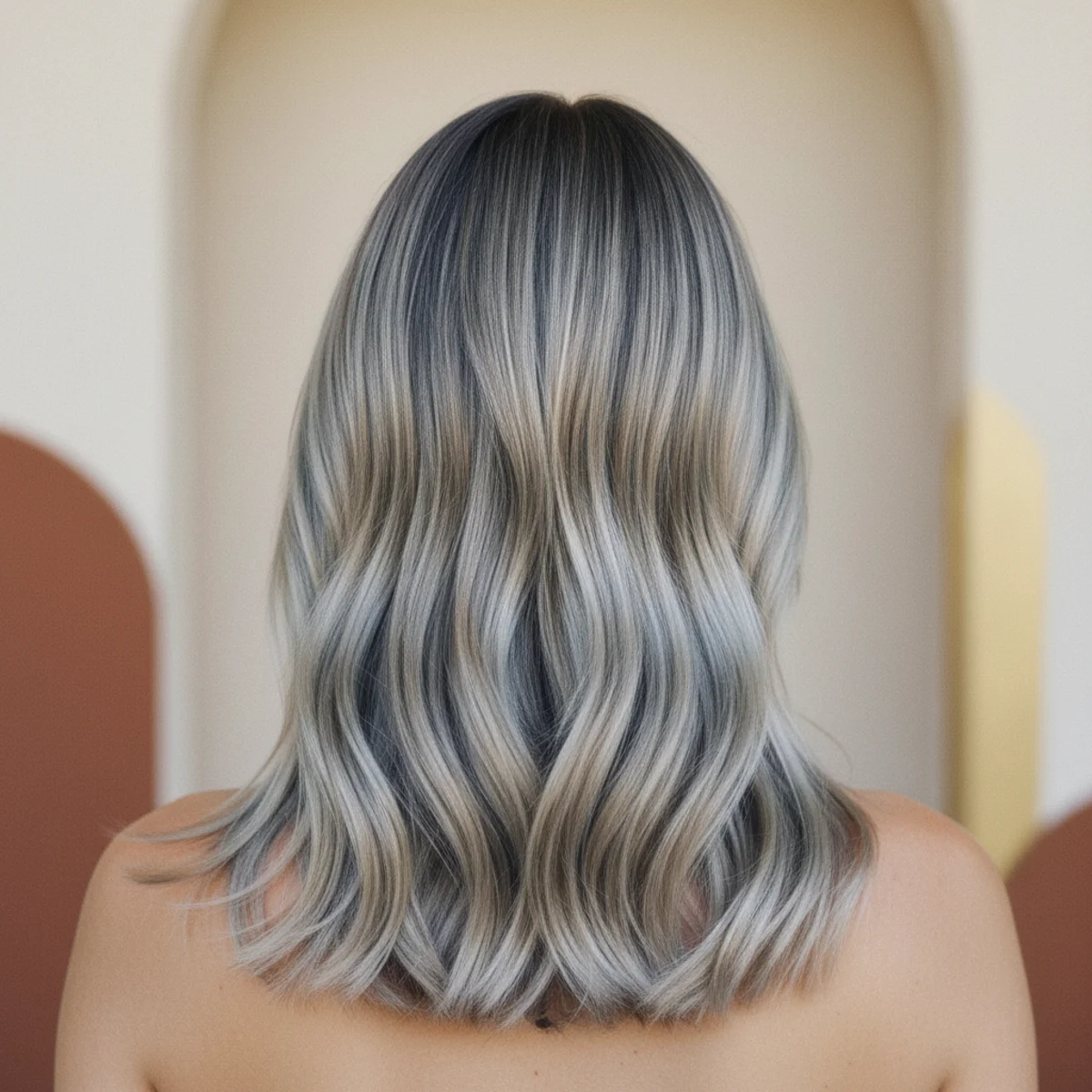 Back view of medium-length hair with cool ashy mushroom-blonde balayage tones