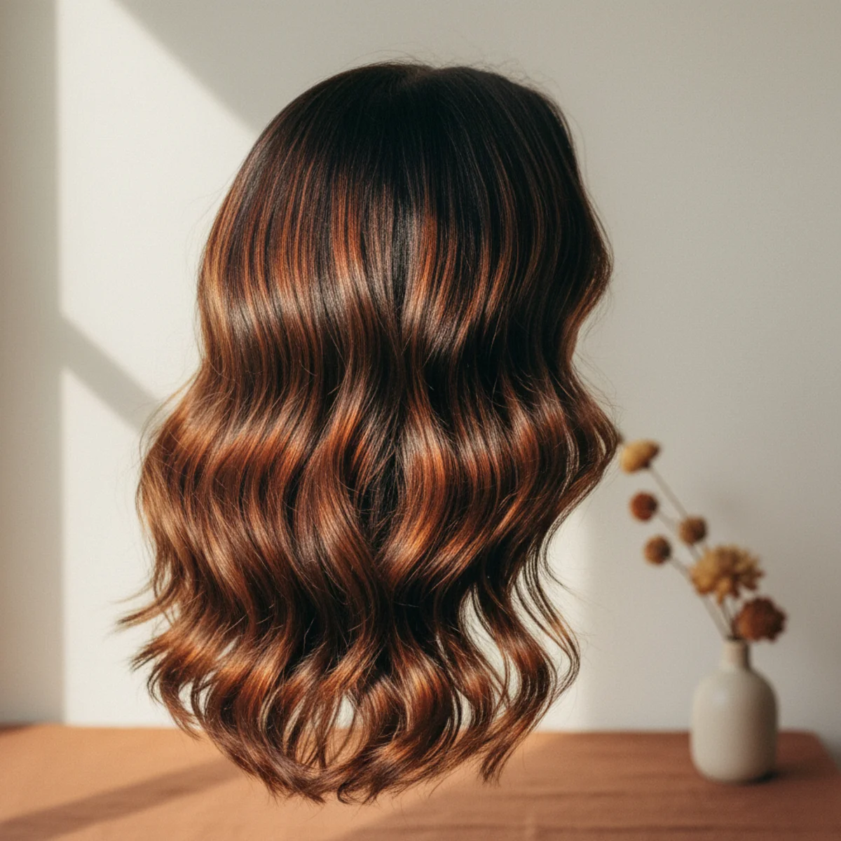 Back view of dark wavy hair with warm auburn and copper balayage ribbons catching afternoon light