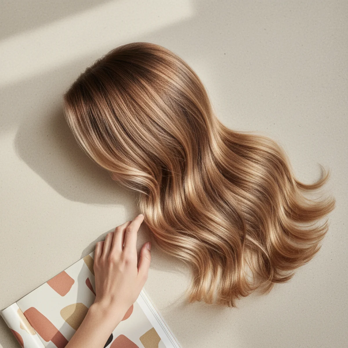Side view of long hair with a sandy warm-blonde balayage on a medium brunette base in bright light