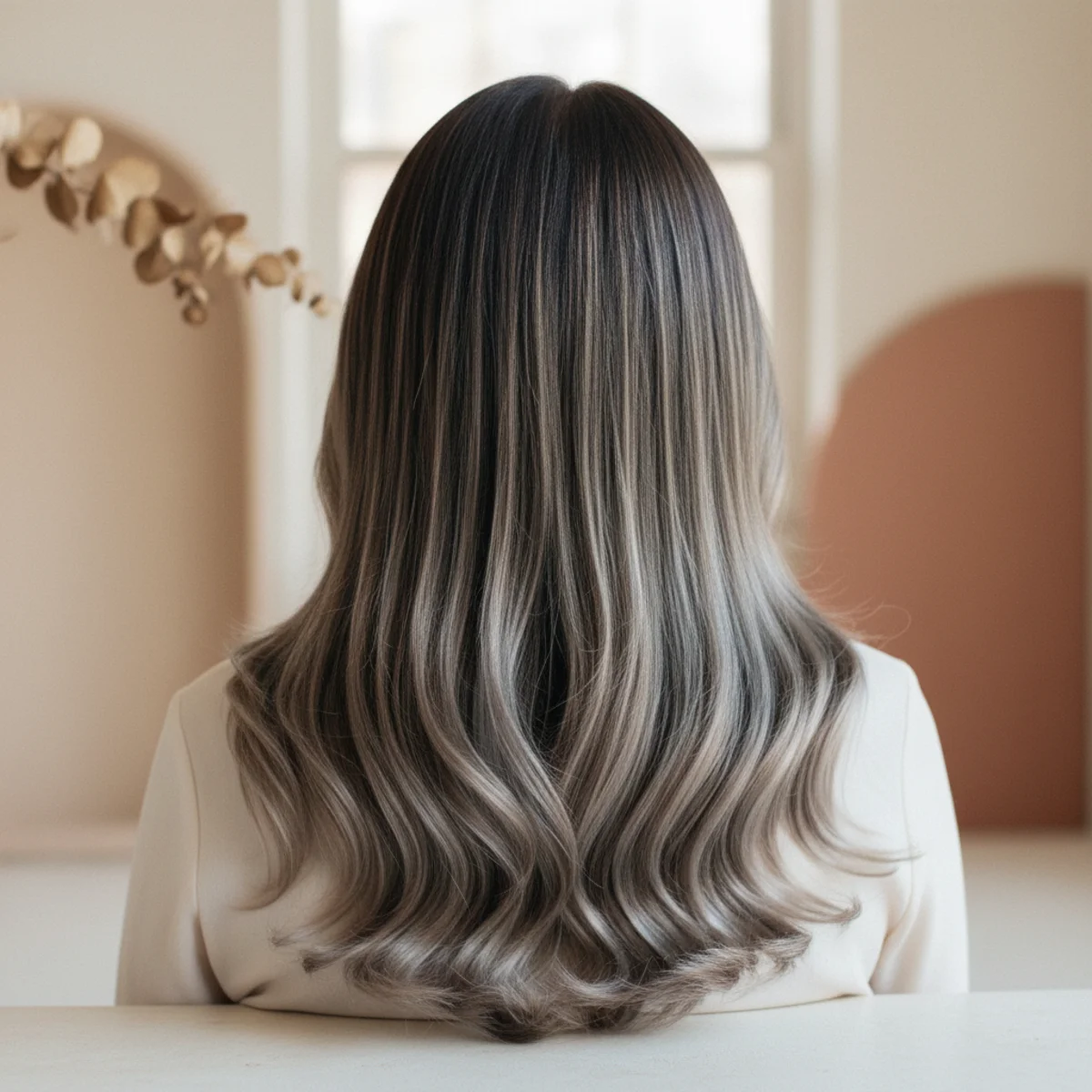 Back view of brunette hair with smoky cool-toned balayage highlights and a slight curl