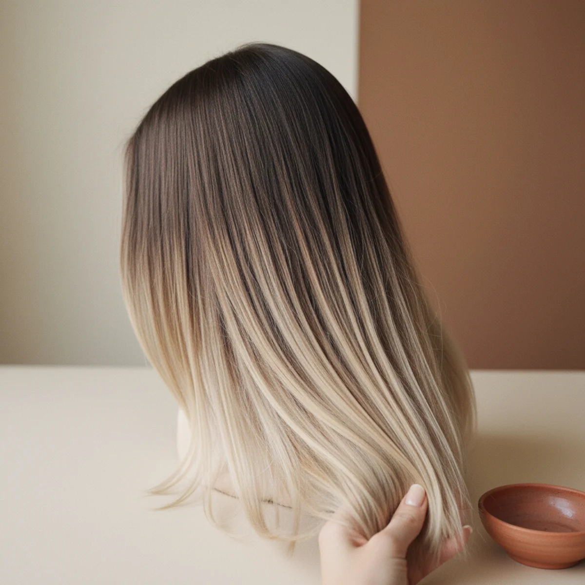 Back view of long brunette hair with pale champagne-blonde balayage concentrated at the ends