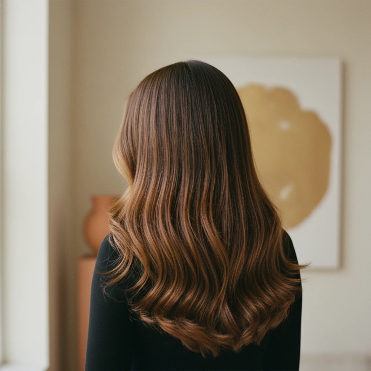 Back view of long brunette hair with soft caramel balayage in warm natural light