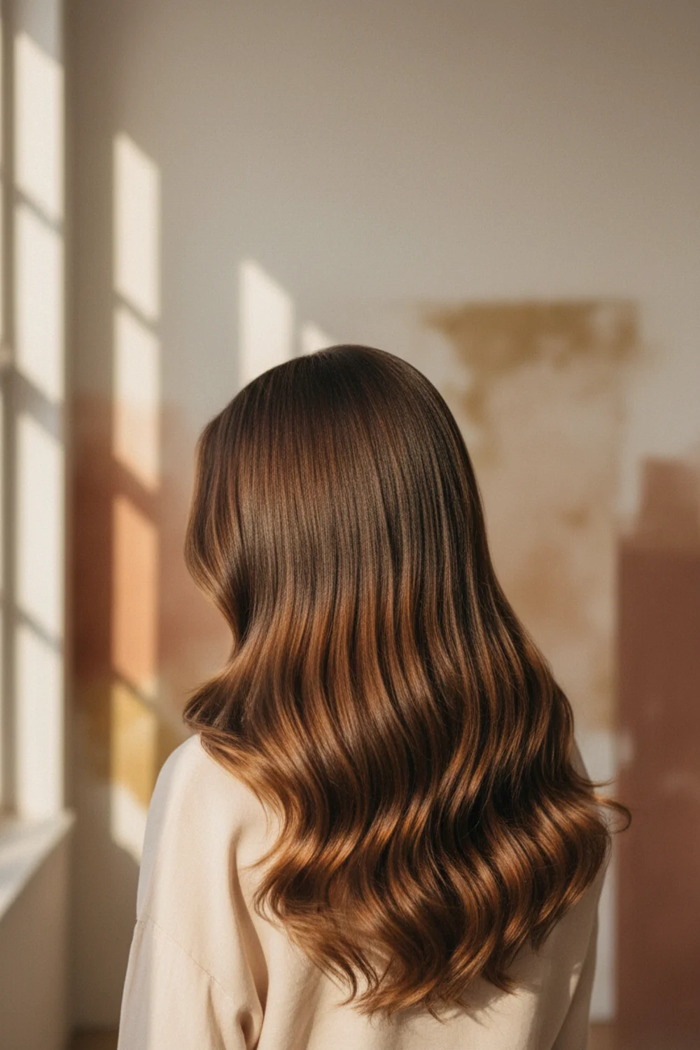Back view of brunette hair with warm caramel balayage ribbons catching the sunlight