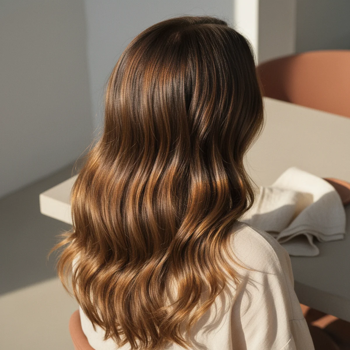 Back view of long hair with tousled salt-spray beach waves in warm afternoon sunlight