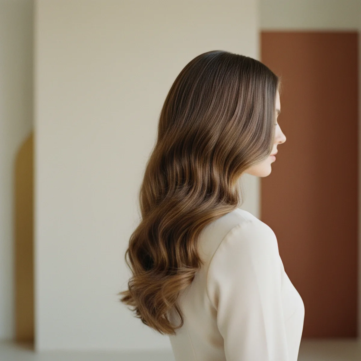 Side view of long hair styled with large loose wand waves and a relaxed soft finish