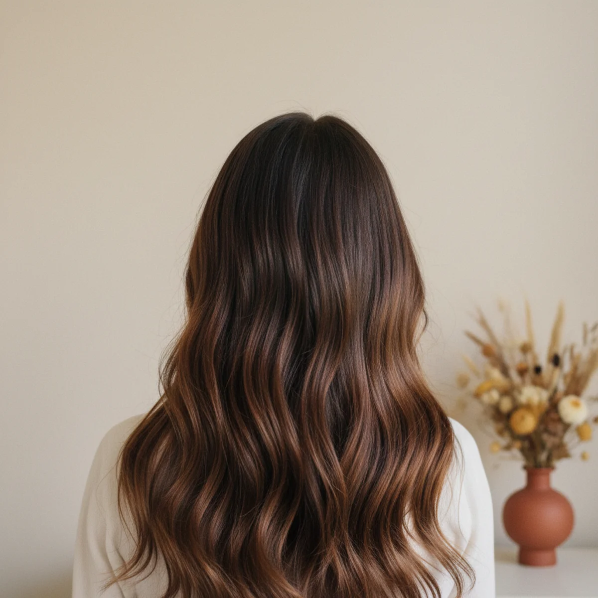 Back view of long hair with textured natural waves from overnight braiding