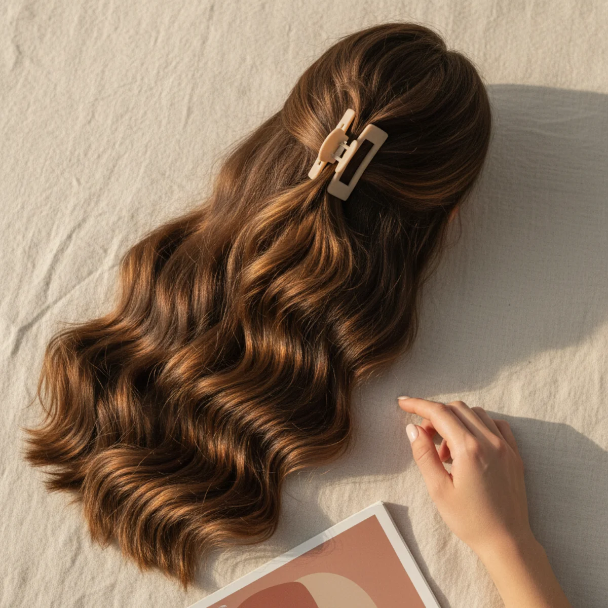 Back view of long beach-waved hair with top half loosely pulled up in a casual clip