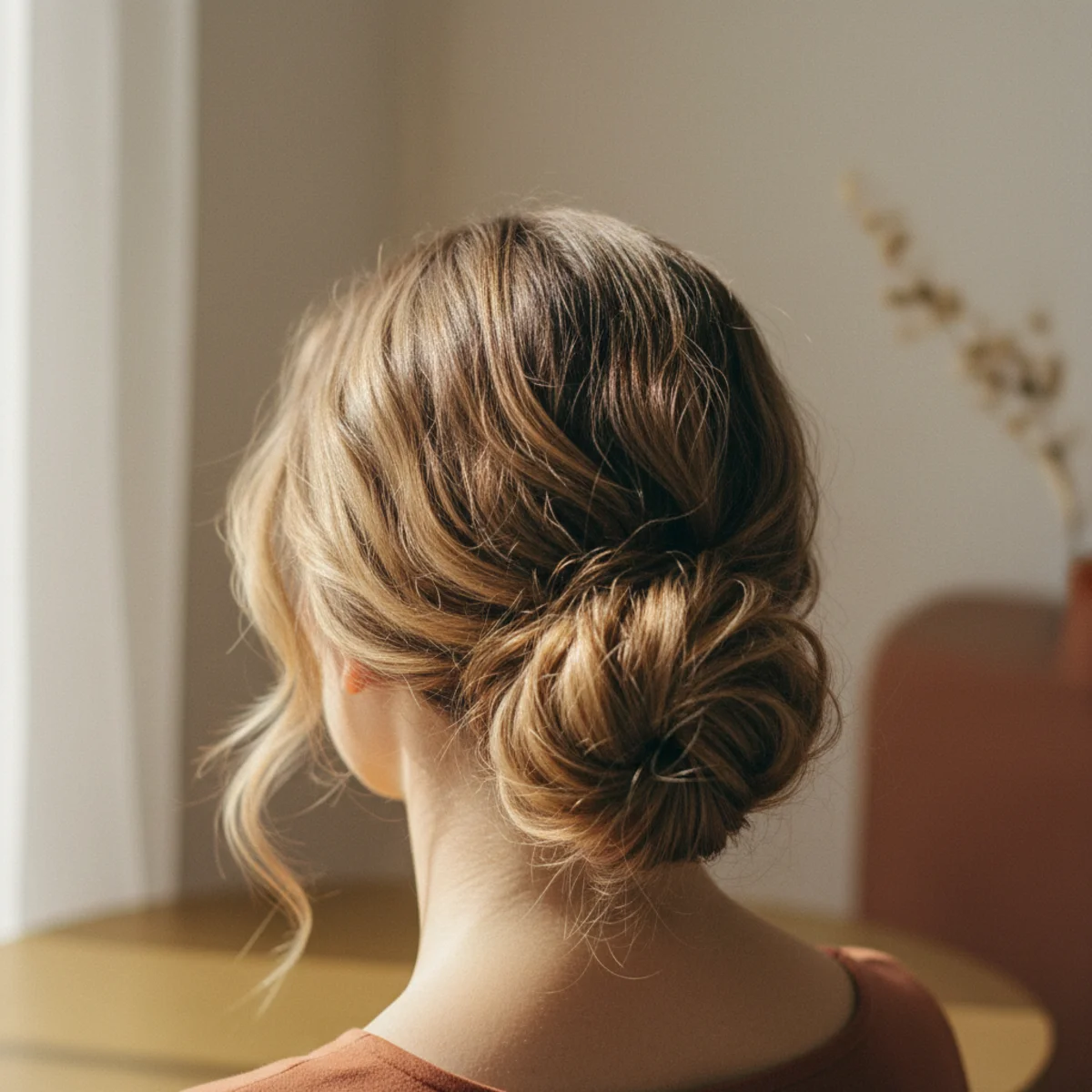 Back view of a relaxed low bun with wavy textured hair and loose pieces at the nape