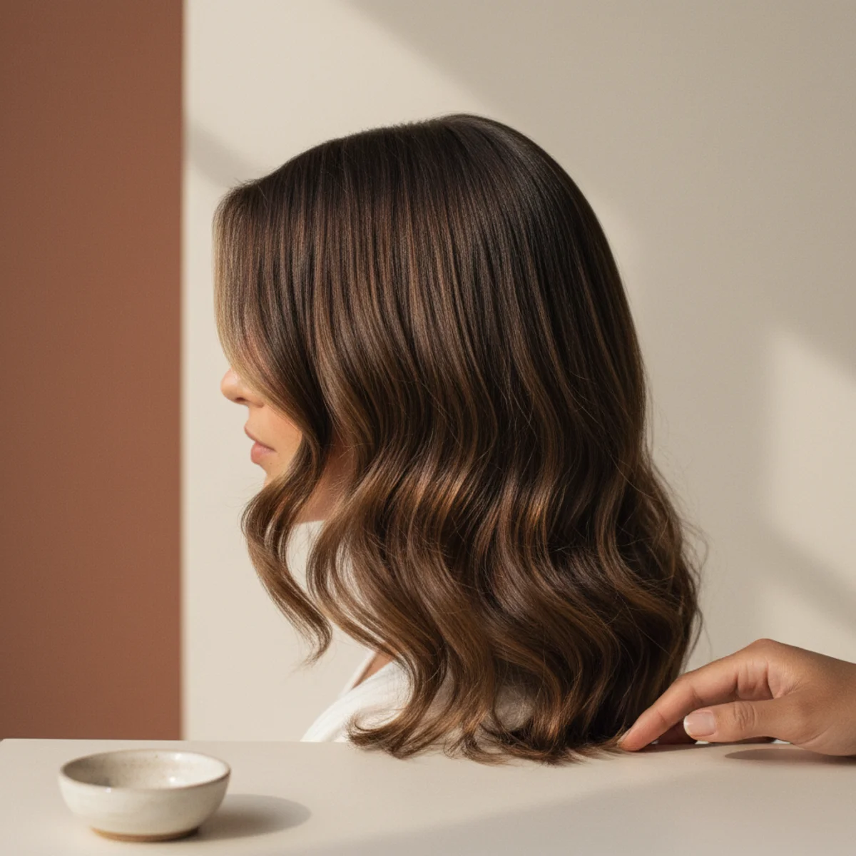 Side view of shoulder-length hair with a deep side part and tousled beach waves