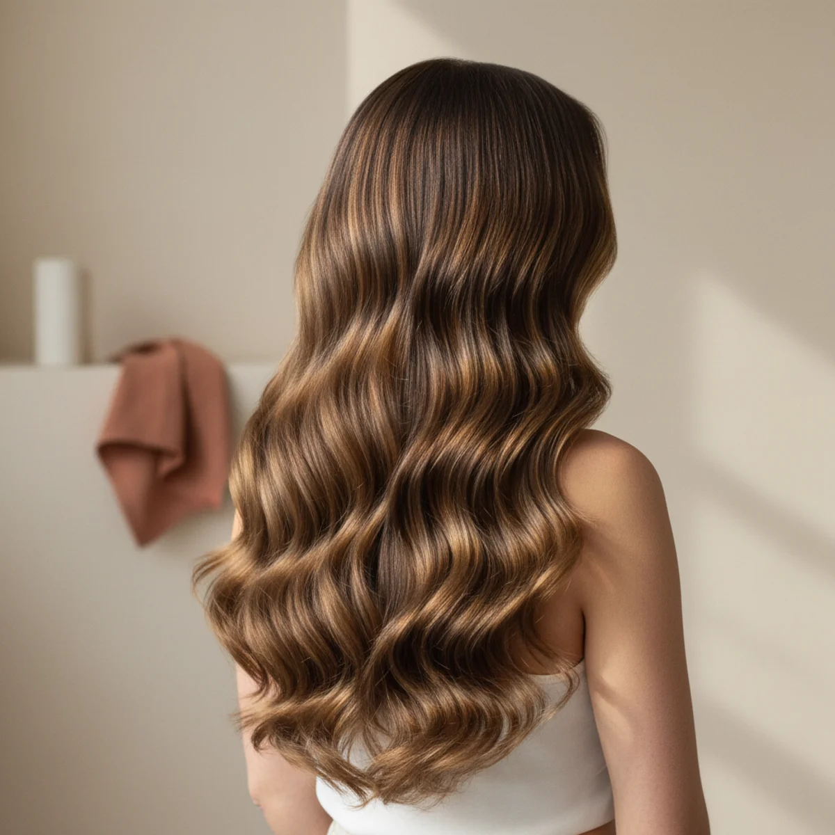 Back view of very long hair styled into deep undulating mermaid waves