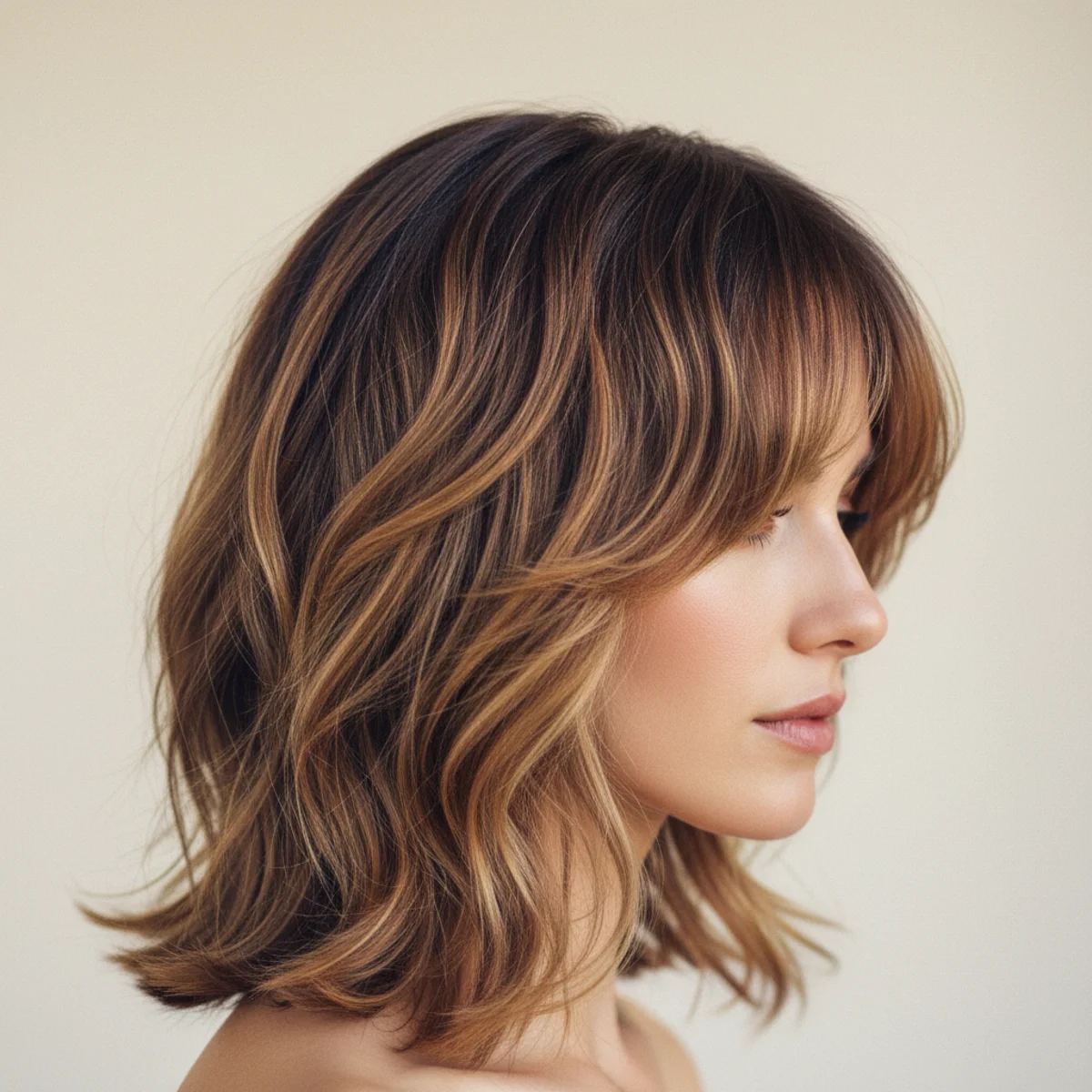 Side view of layered shag haircut with natural tousled waves and curtain fringe