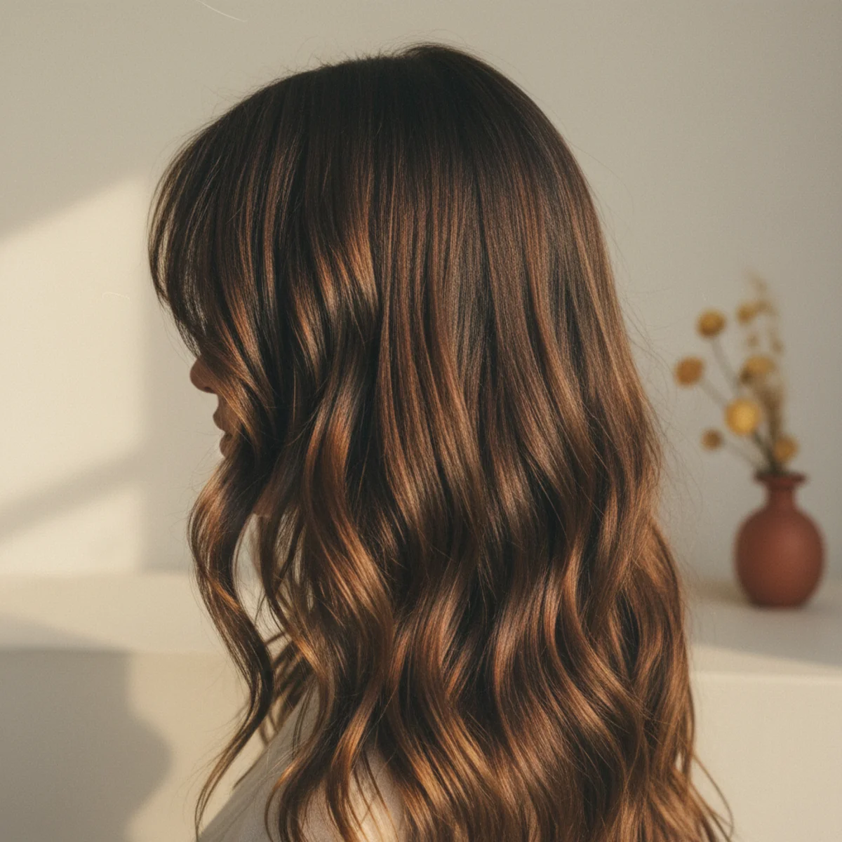 Front view of long wavy hair with a soft curtain fringe framing the face in natural daylight