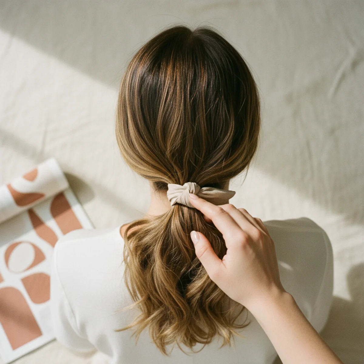 Back view of a low ponytail with visibly wavy and tousled texture cascading downward