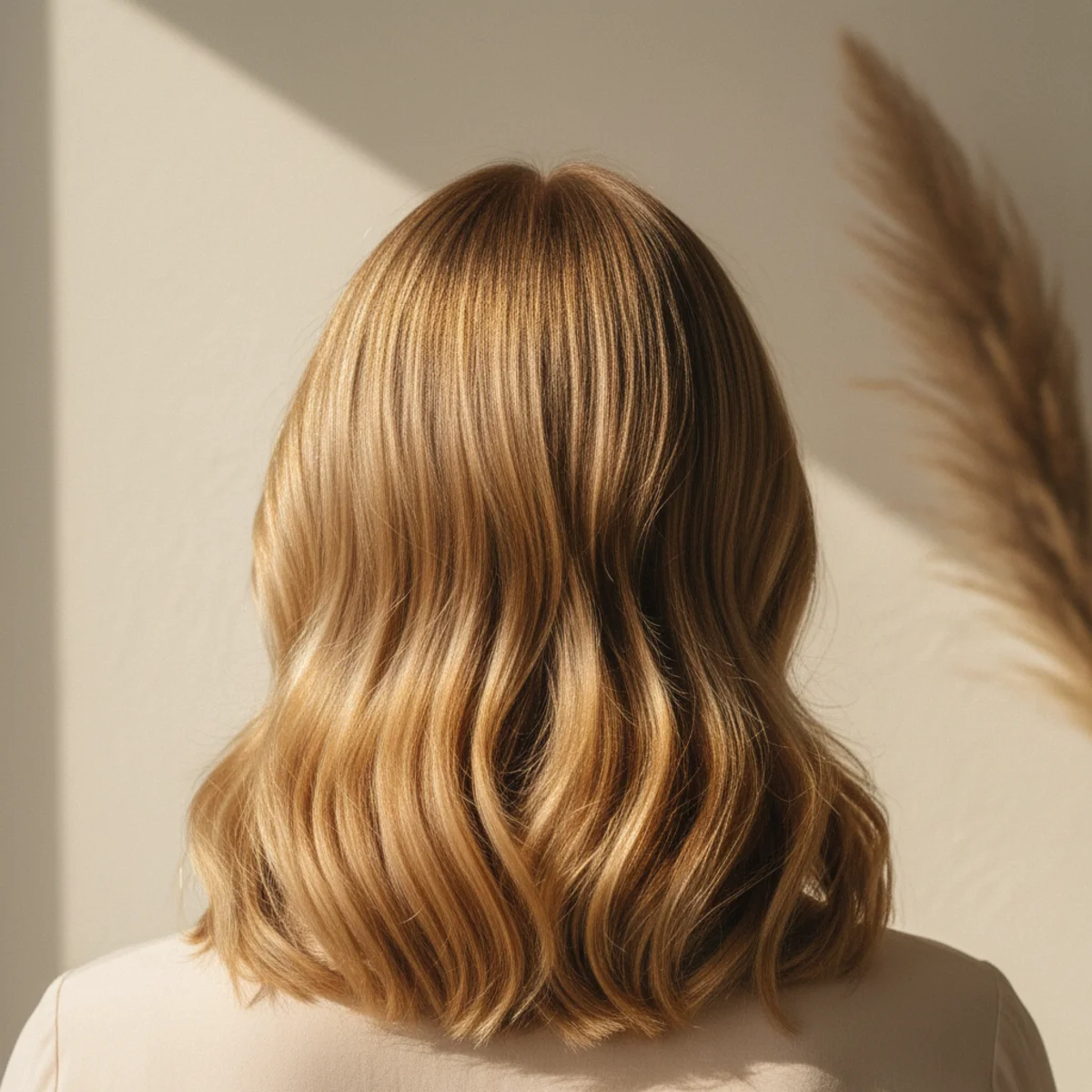 Back view of medium hair with a centre part and soft golden beach waves in bright sunlight