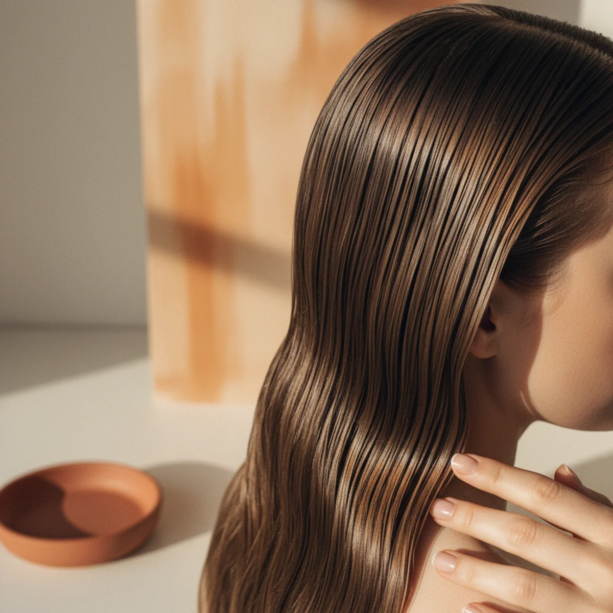 Side view of long hair styled into a slicked wet-look wave with visible texture