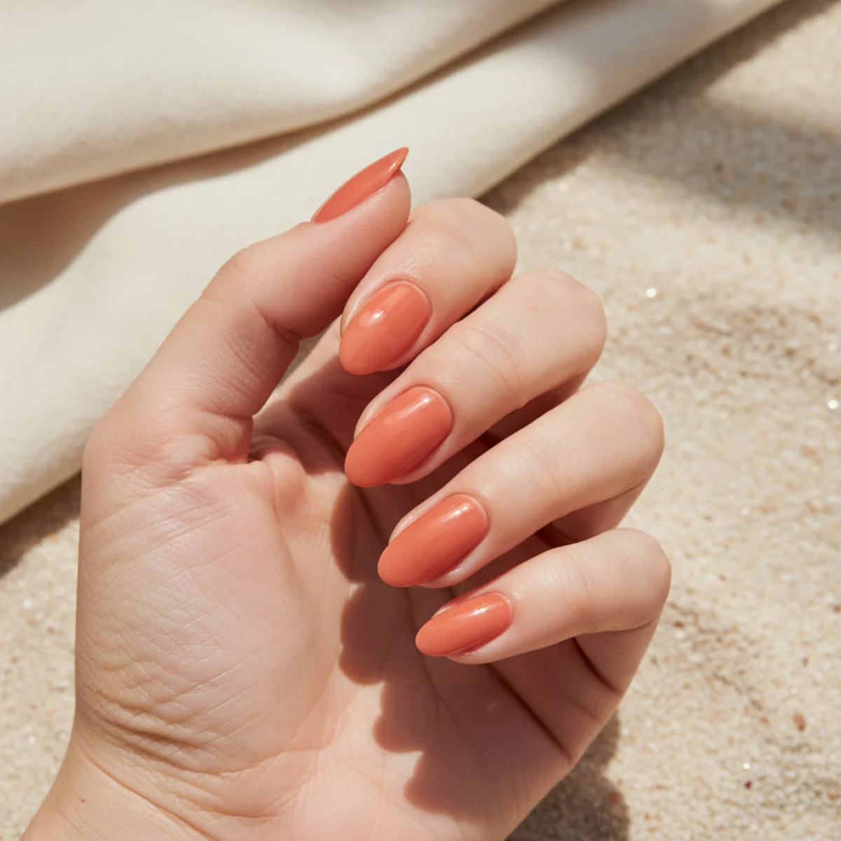 Almond nails in a sheer warm coral glaze catching the light on a sandy surface