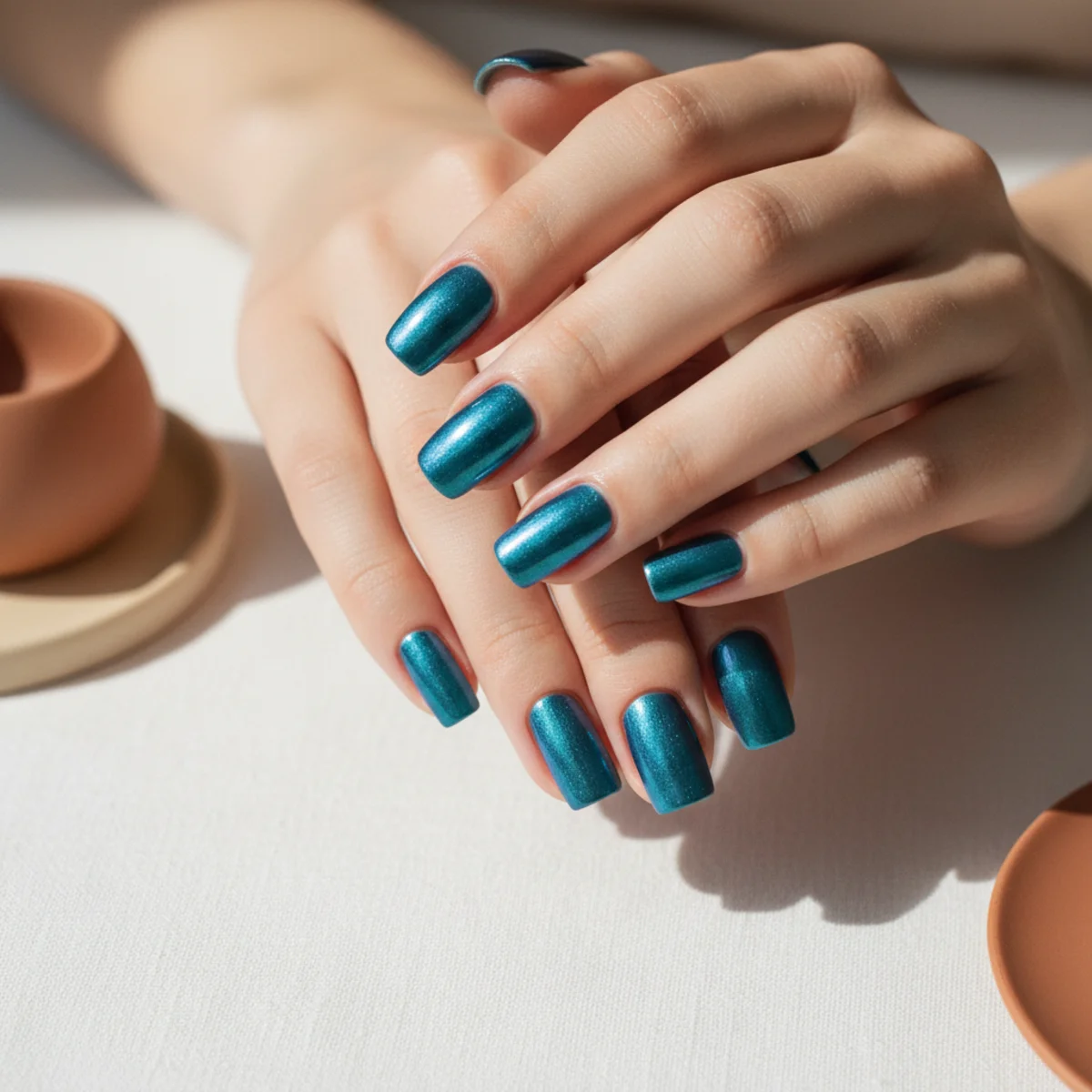 Square nails with an iridescent ocean-blue chrome finish on a white linen surface