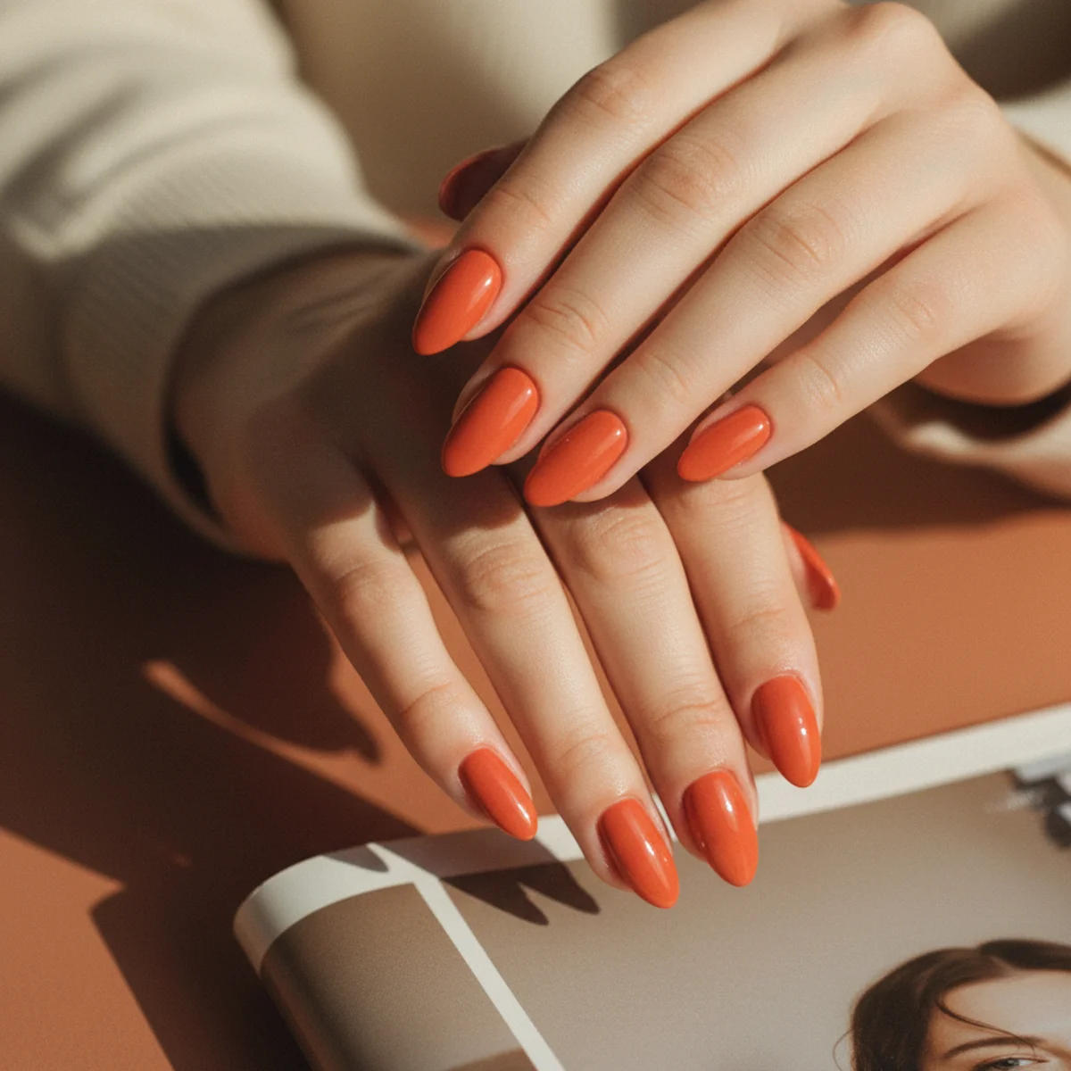 Almond nails in a vivid sunset orange creme on a warm terracotta background