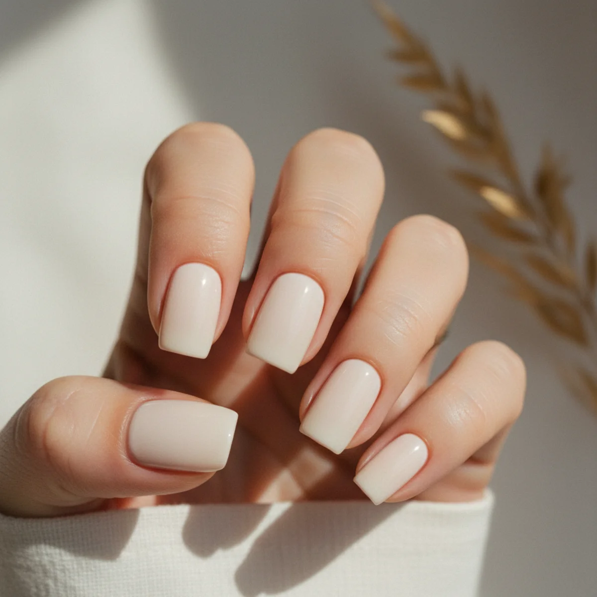 Short square nails in an opaque warm coconut white on a pale cotton surface