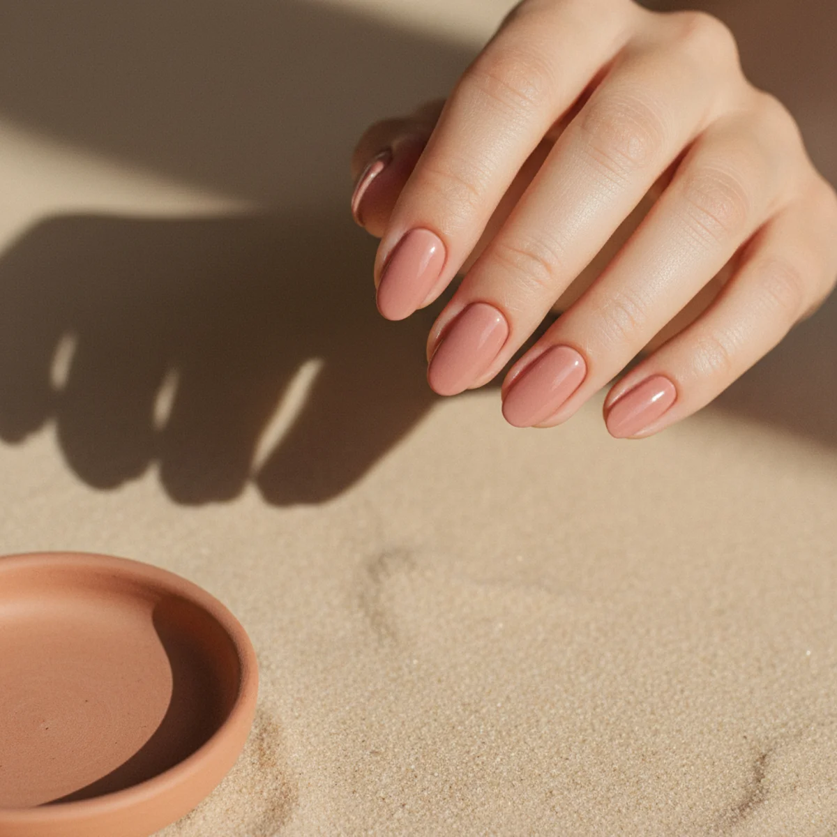 Oval nails in a faded muted sun-bleached pink on a warm beige surface