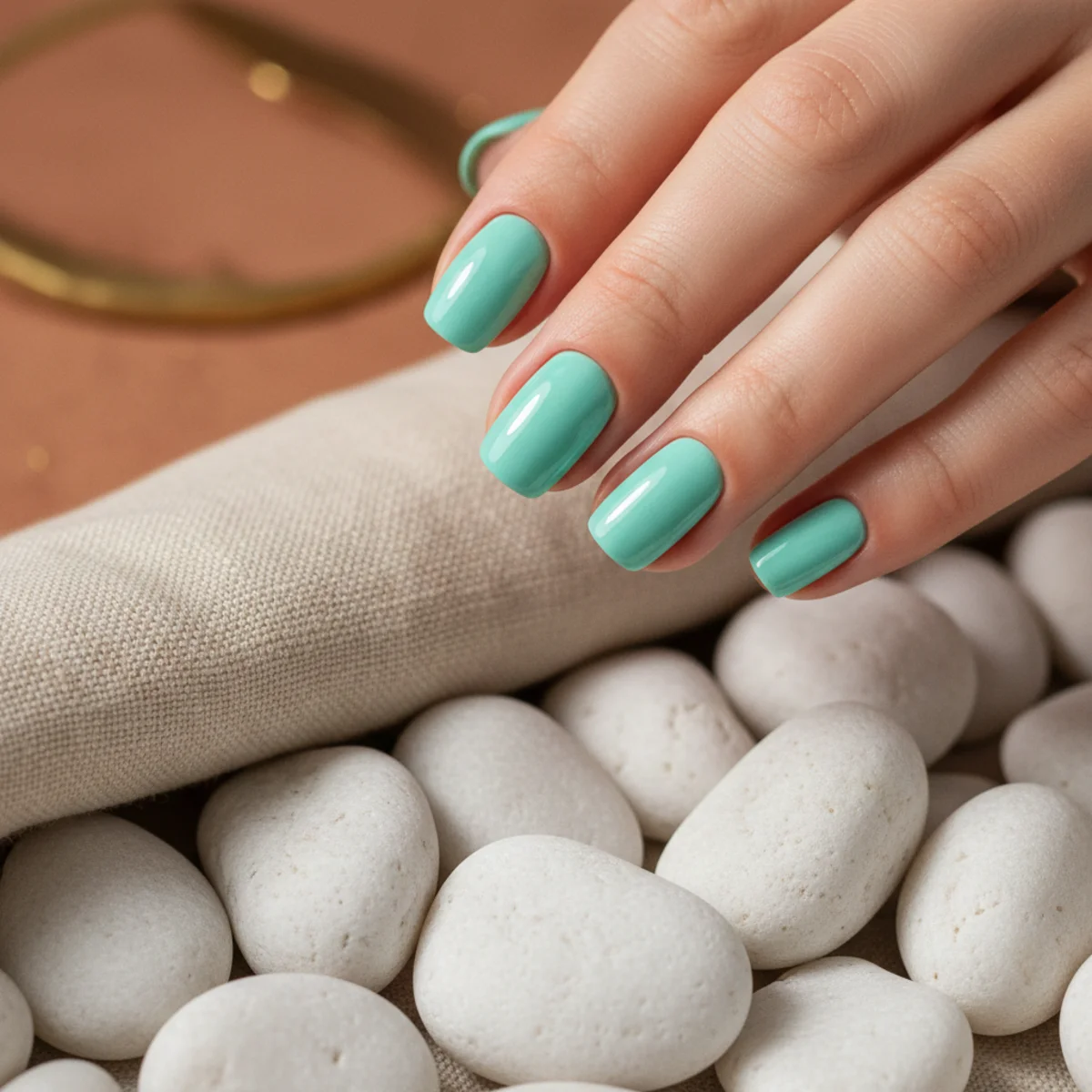 Rounded nails in a bright aqua mint gloss on a white beach pebble background