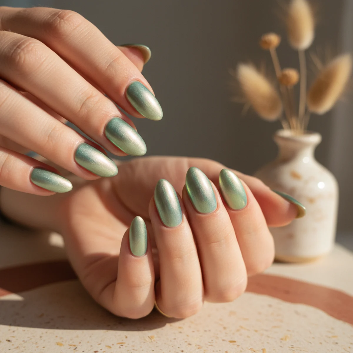 Almond nails with a pearlescent sea-glass green shifting chrome on a light surface