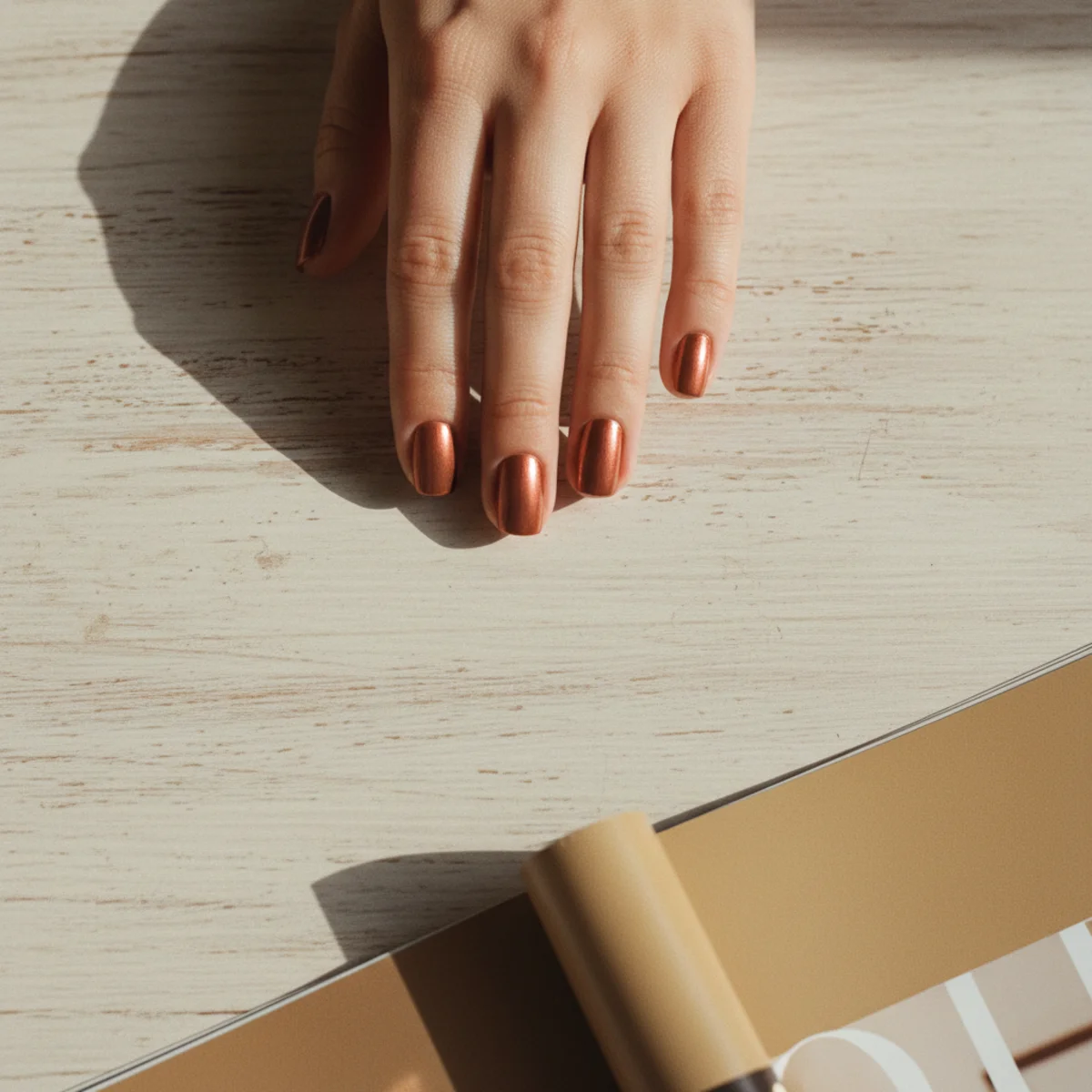 Short square nails in a warm bronzed metallic copper on a sun-bleached wood surface