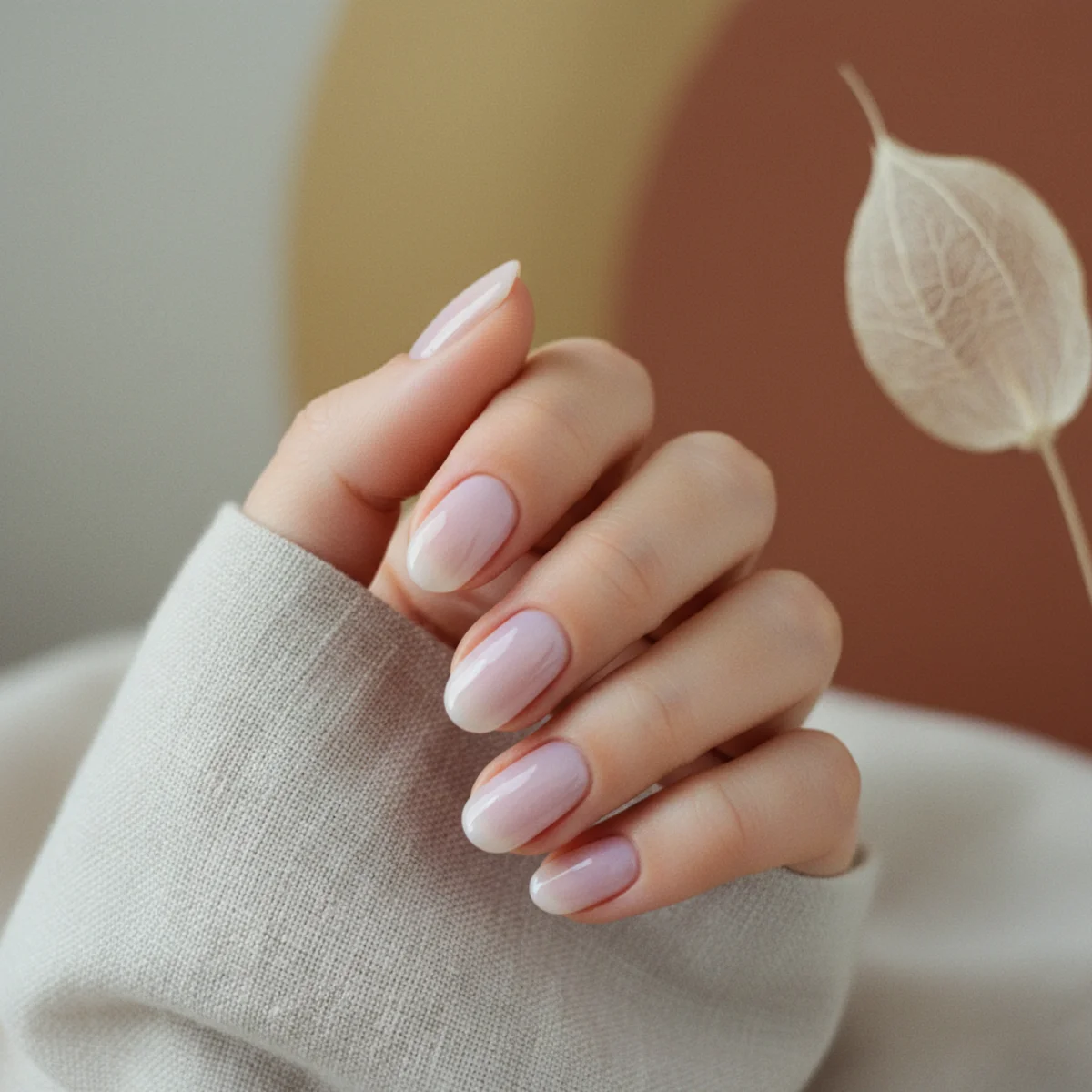 Rounded nails in a sheer soft lilac cream with a glossy finish on pale linen
