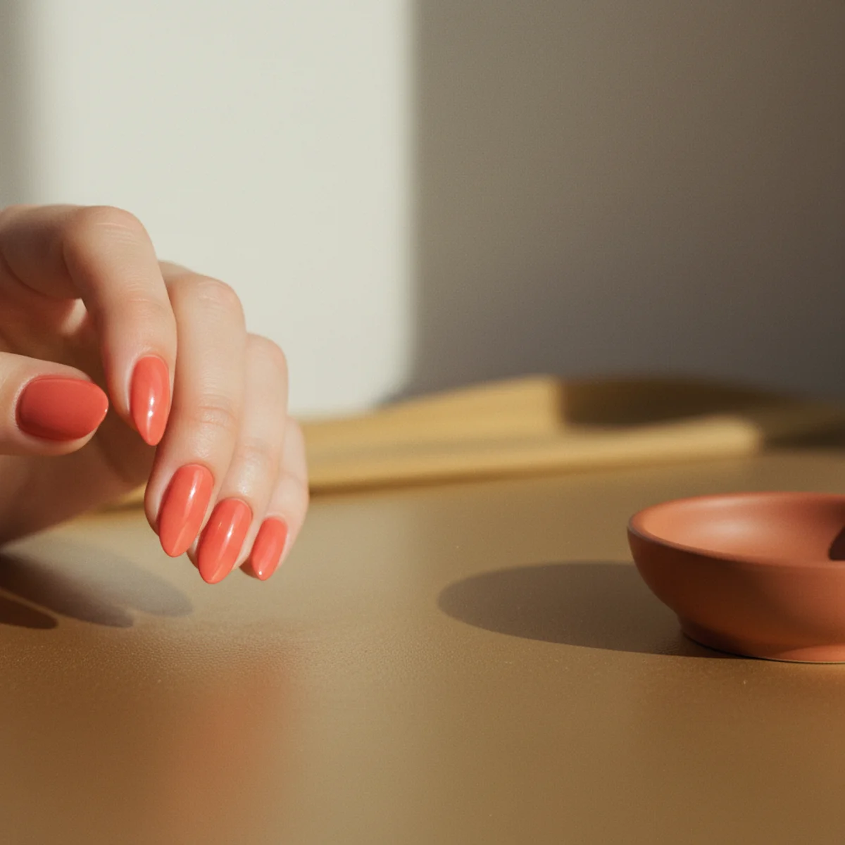 Short almond nails in a vivid hot papaya orange-pink on a warm golden surface