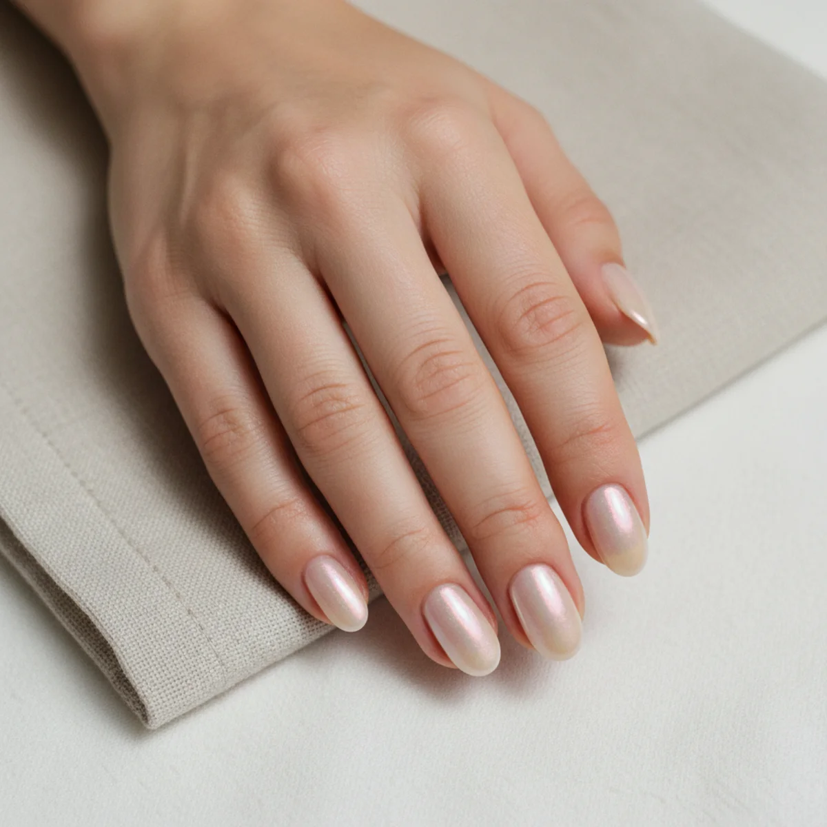 Oval nails with a soft iridescent pearl shimmer finish on a white fabric