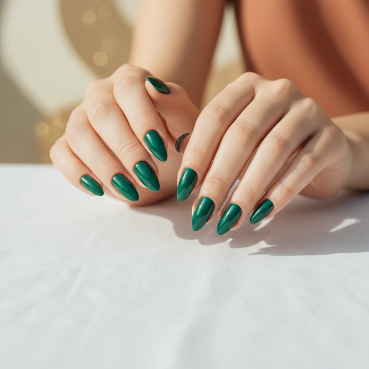 Almond nails in a deep jade green with a glossy lacquer finish on white cotton