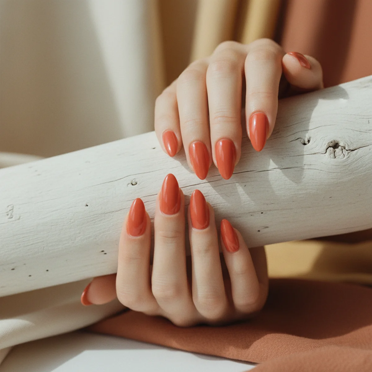 Close-up of glossy coral-orange almond nails resting against sun-bleached white driftwood