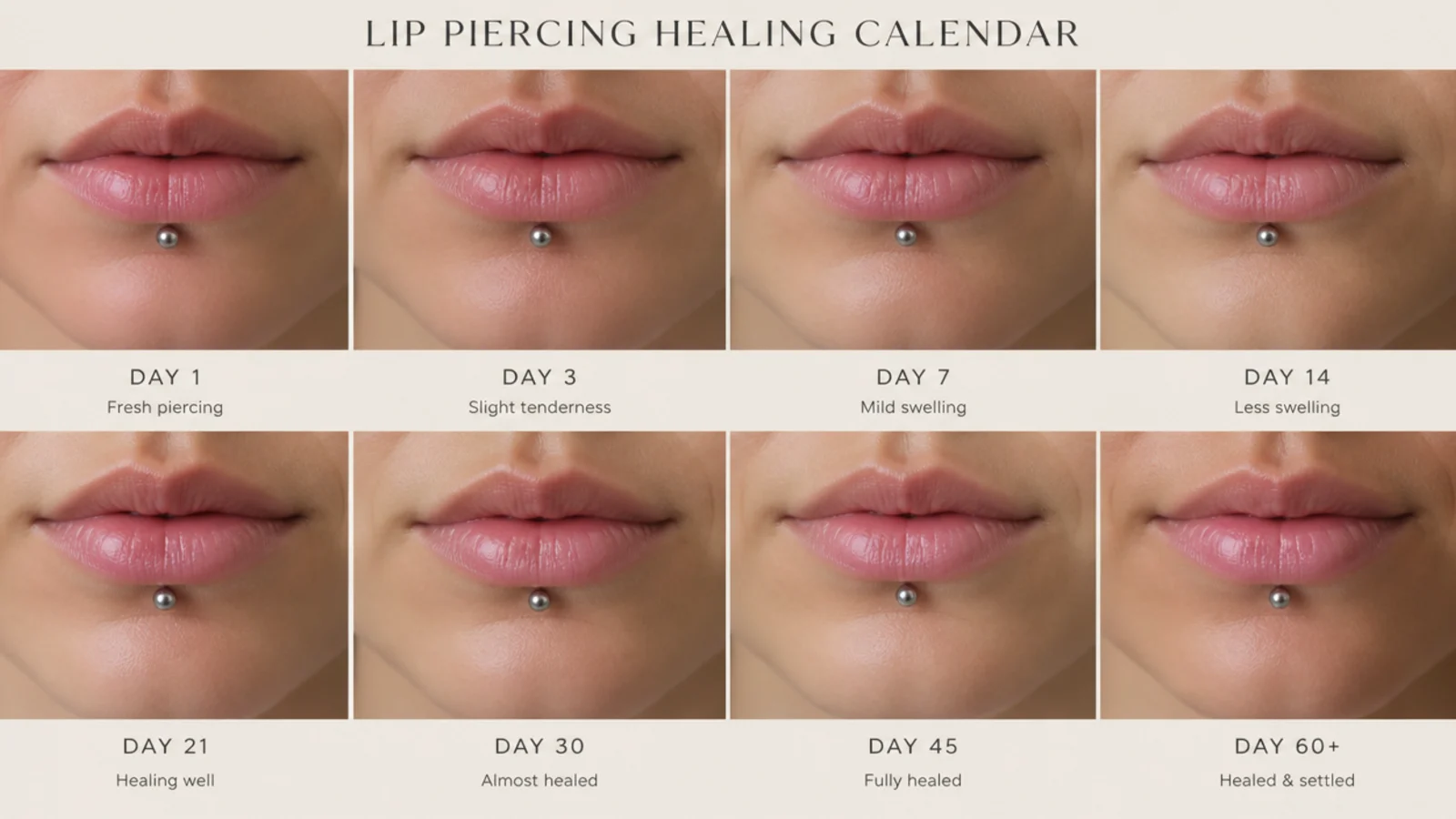 A calendar showing a lip piercing healing timeline