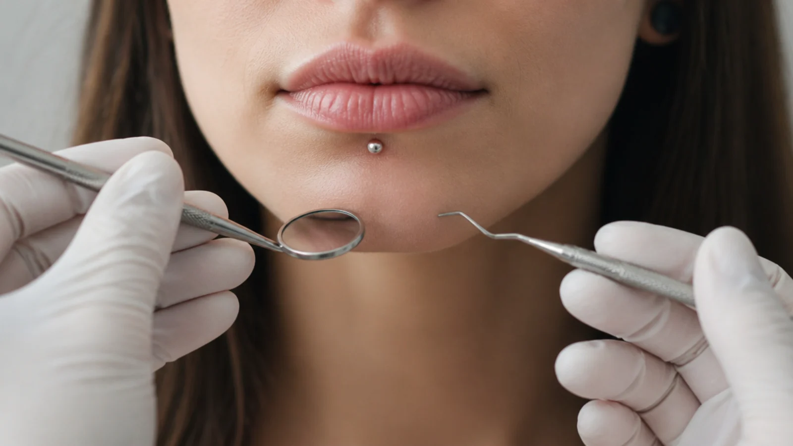 A dental check for a lip-piercing wearer